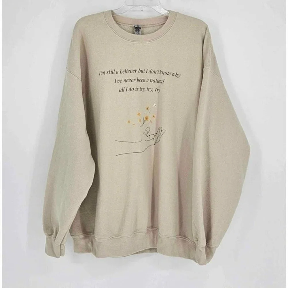 Gildan Heavy Blend Womens Long Sleeve Tan Spellout 'Believer' Sweatshirt 2XL